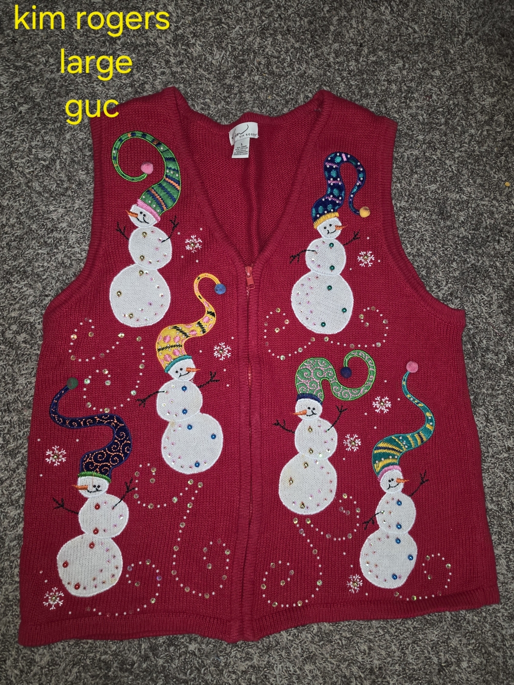 Vintage Kim Rogers Festive Red Snowman Zip-Up Holiday Vest Size Large